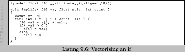 \begin{linespread}{0.75}\lstinputlisting[language=C,caption={Vectorising an if},label=src:AVpredicate]{src/HELP_AutoVecPredicate.cpp}\end{linespread}
